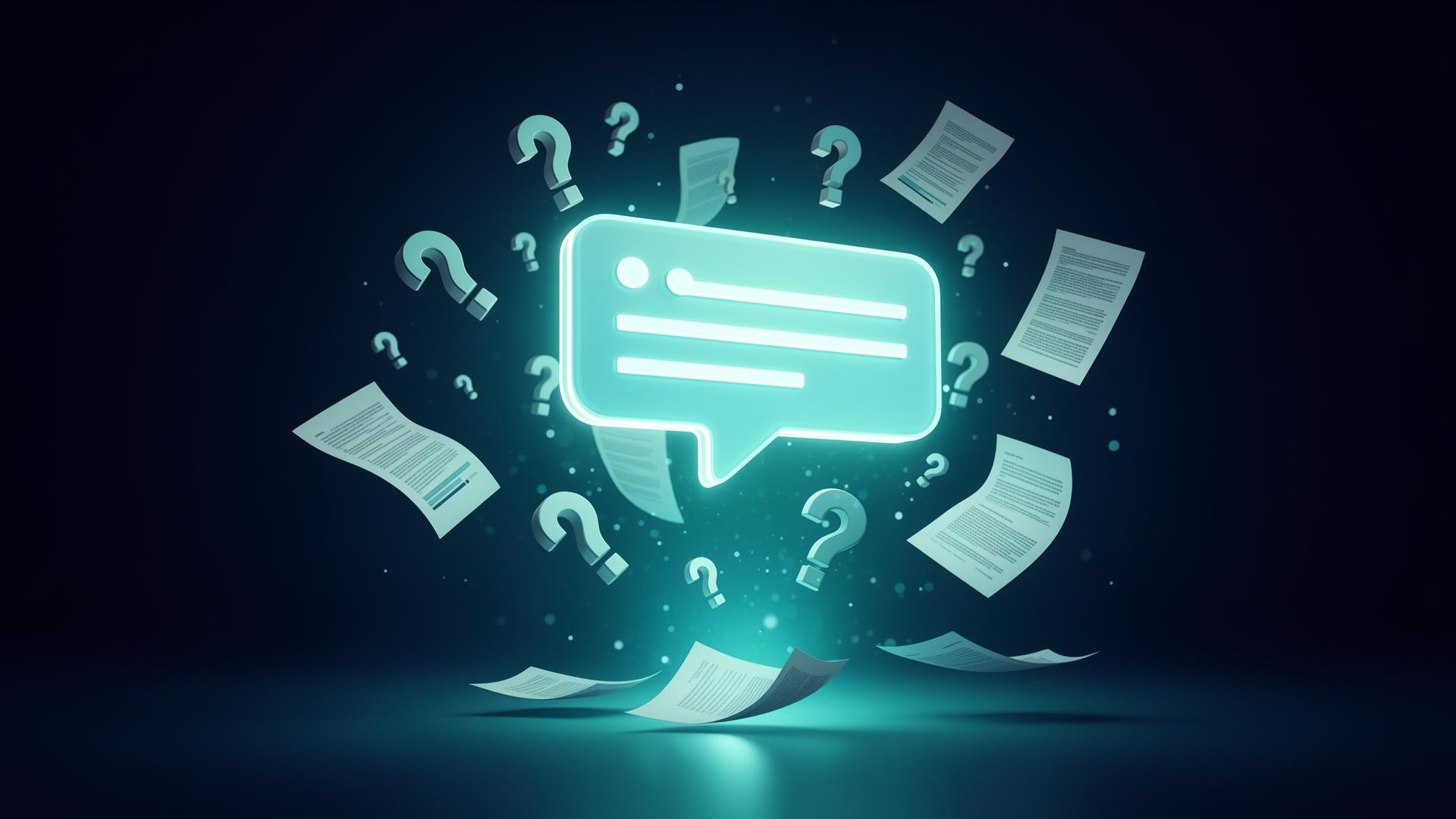 A luminous answer card emerging from a cloud of question marks and document fragments