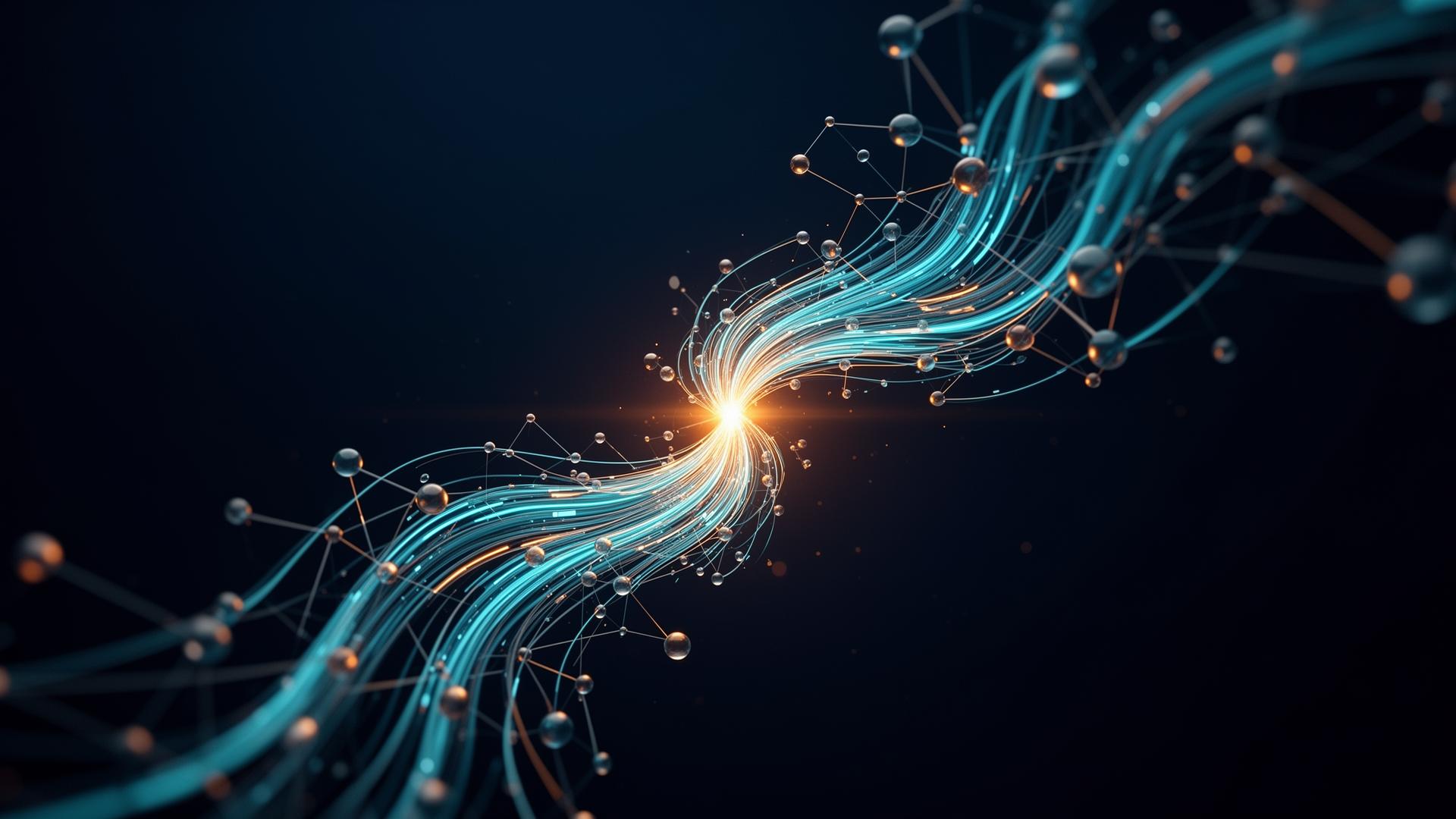 Glowing data streams converging into a single point of light, symbolizing AI-driven lead generation