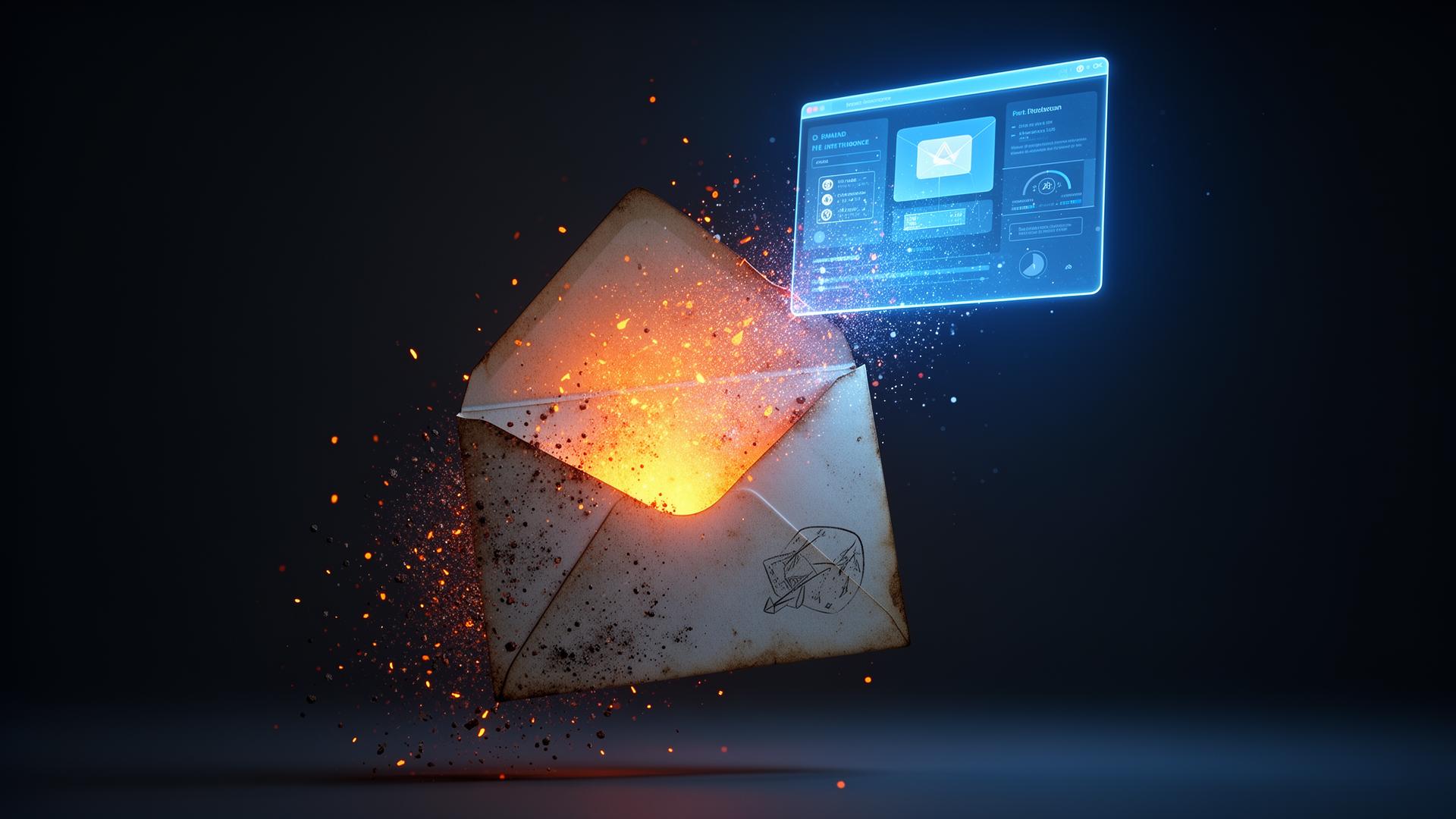A burning envelope dissolving while a modern intelligence interface rises beside it
