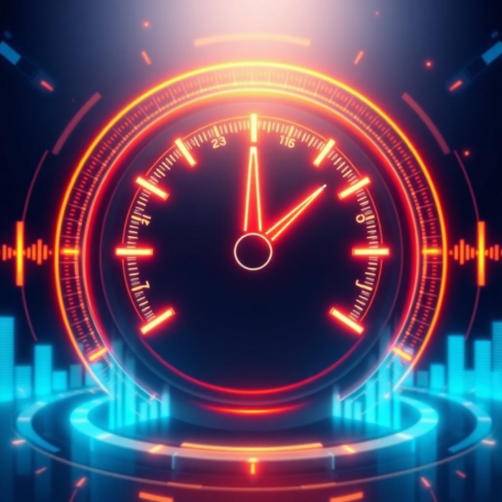 A glowing semicircular scoring dial surrounded by floating data bars in midnight navy and amber tones