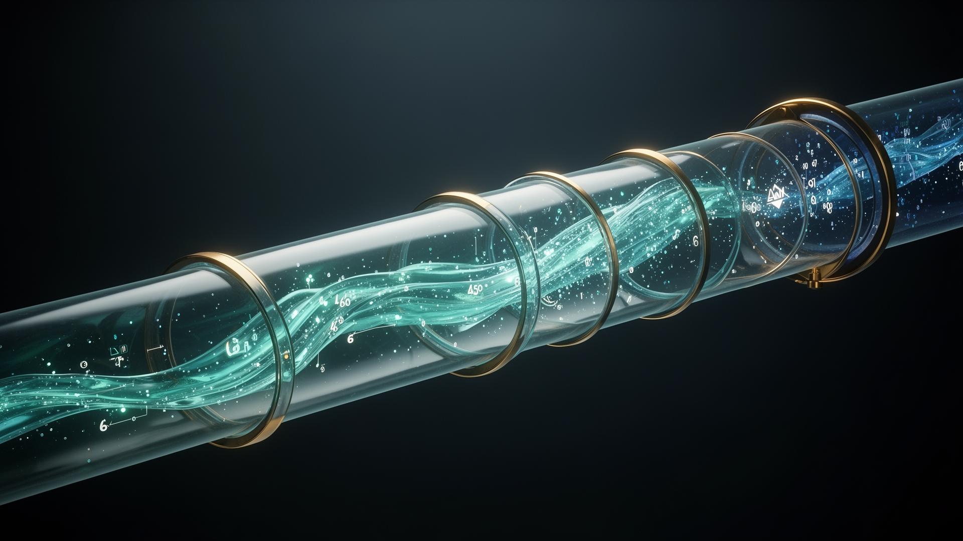 A translucent glass pipeline with luminous teal data flowing through measured stages